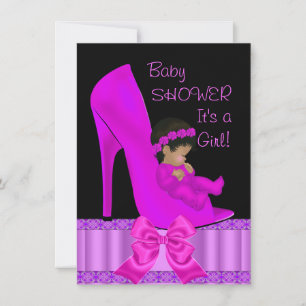 African American Baby Shower Girl Pink Purple Shoe Invitation