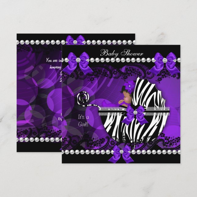 African American Baby Shower Girl Purple Zebra 2 Invitation (Front/Back)