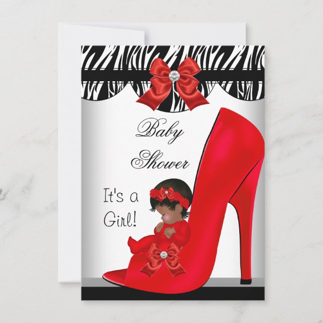 African American Baby Shower Girl Red Baby Shoe 2 Invitation (Front)