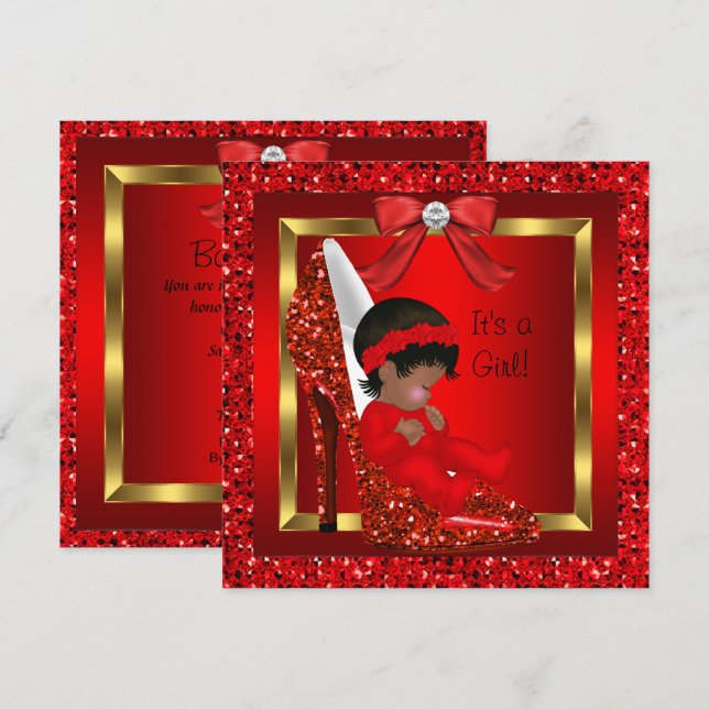 African American Baby Shower Girl Red Glitter Invitation (Front/Back)