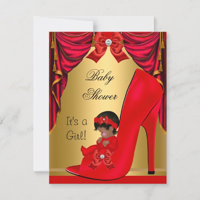 African American Baby Shower Girl Red Gold Shoe Invitation (Front)