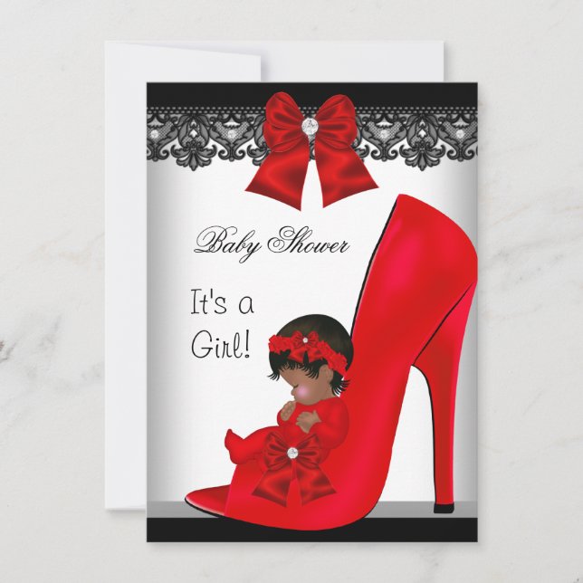 African American Baby Shower Girl Red Shoe Lace Invitation (Front)