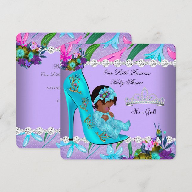 African American Baby Shower Girl Teal Purple Invitation (Front/Back)