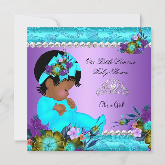 African American Baby Shower Girl Teal Purple Invitation (Front)