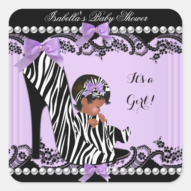 African American Baby Shower Girl Zebra Purple Square Sticker (Front)
