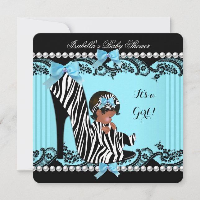 African American Baby Shower Girl Zebra Teal Invitation (Front)