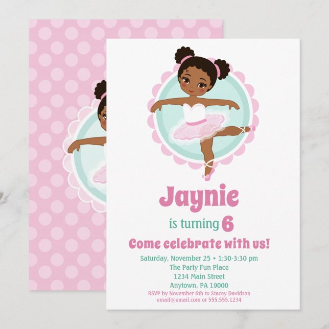 African American Ballerina Ballet Dancing Birthday Invitation (Front/Back)