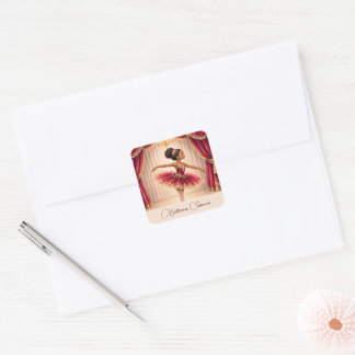African American Ballerina Birthday Burgundy Gold Square Sticker