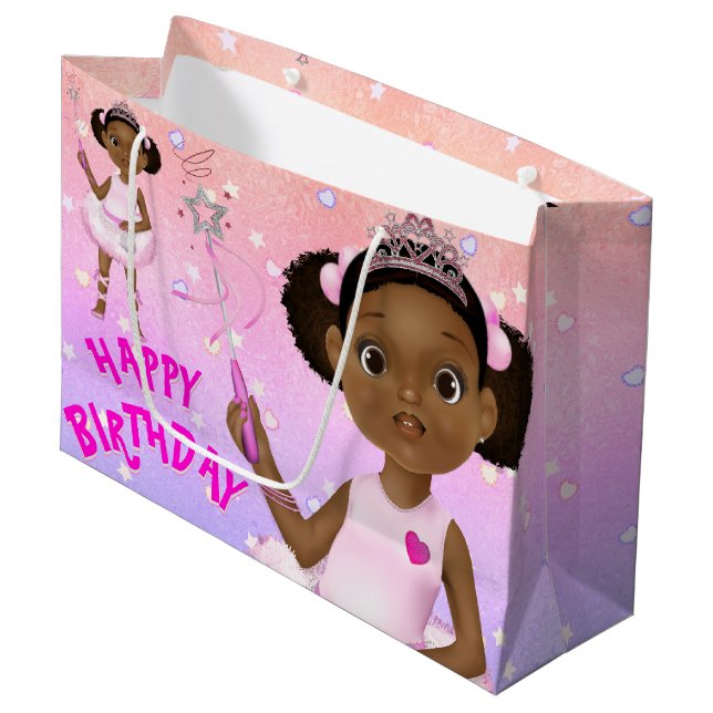 African American Ballerina Fairy Princess Large Gift Bag (Front Angled)