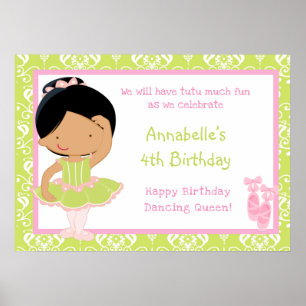 African American Ballerina & Green Damask Birthday Poster