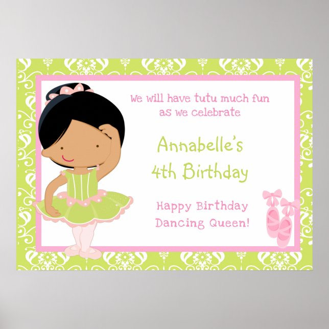 African American Ballerina & Green Damask Birthday Poster (Front)