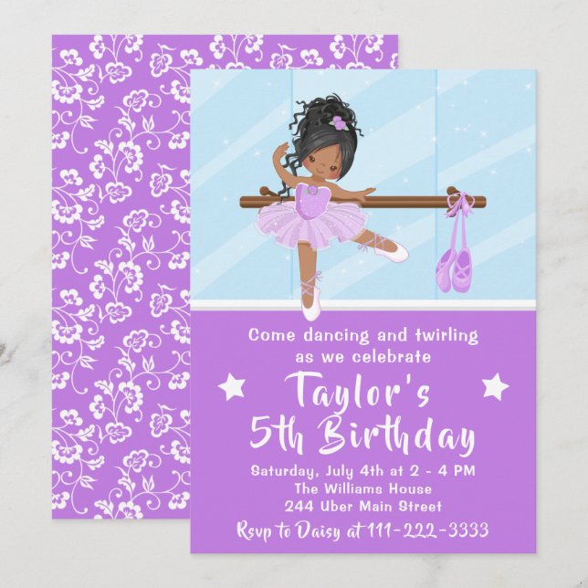 African American Ballerina in Purple Tutu Birthday Invitation (Front/Back)