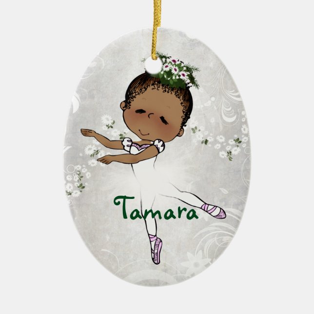 African  American Ballerina Personalised Christmas Ceramic Tree Decoration (Front)