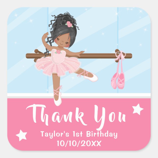 African American Ballerina Pink Birthday Thank You Square Sticker (Front)