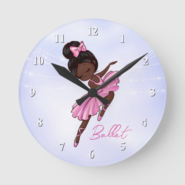 African American Ballerina Pink Tutu Ballet Dance Round Clock (Front)