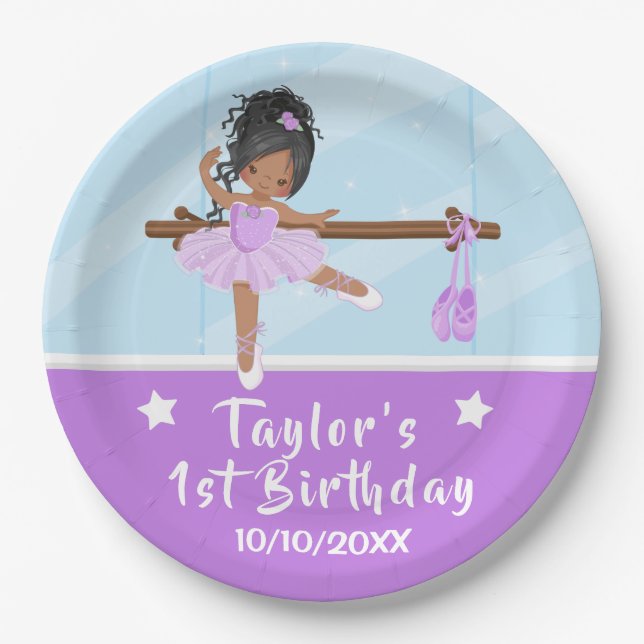 African American Ballerina Purple Tutu Birthday Pa Paper Plate (Front)
