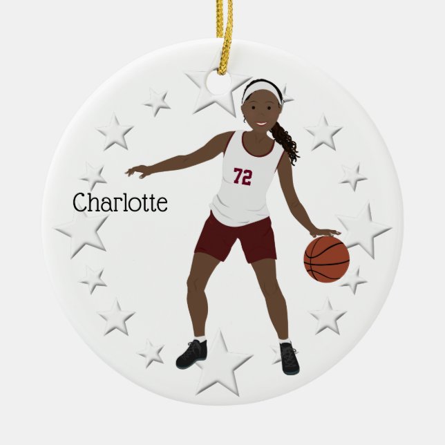 African American Basketball Girl In Maroon Ceramic Tree Decoration (Front)