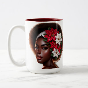 African-American Beauty With Poinsettias Christmas Two-Tone Coffee Mug