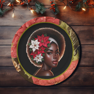 African-American Beauty with Poinsettias Paper Plate