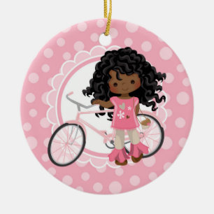 African American Bicycle Girl - Pink White Ceramic Tree Decoration