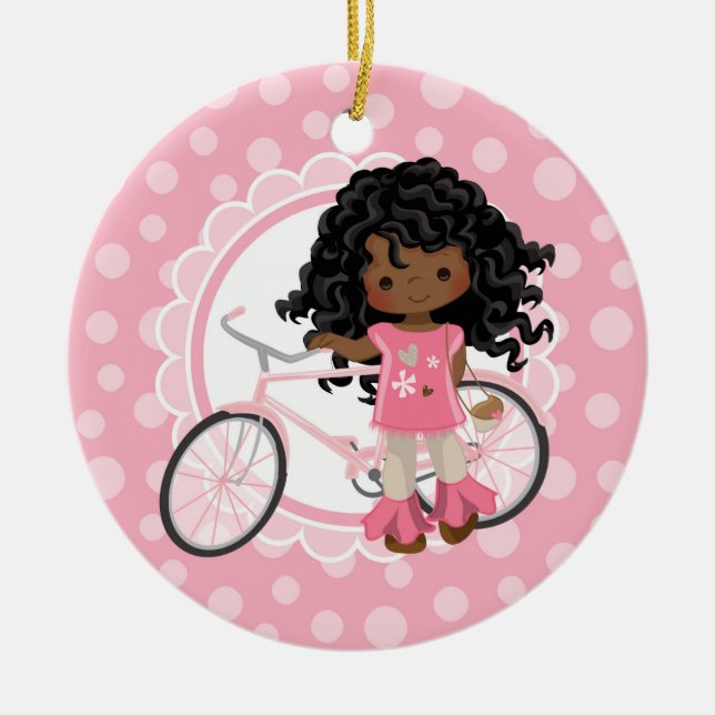 African American Bicycle Girl - Pink White Ceramic Tree Decoration (Front)
