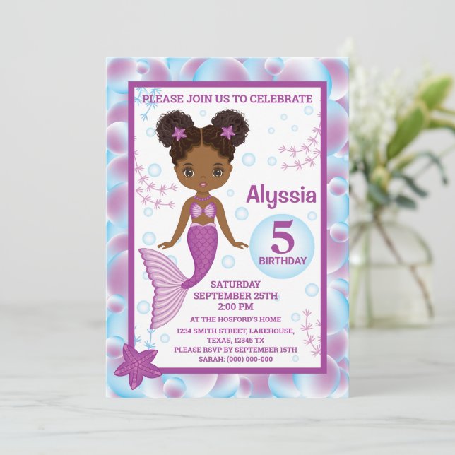 African American Birthday Mermaid Invitation (Standing Front)