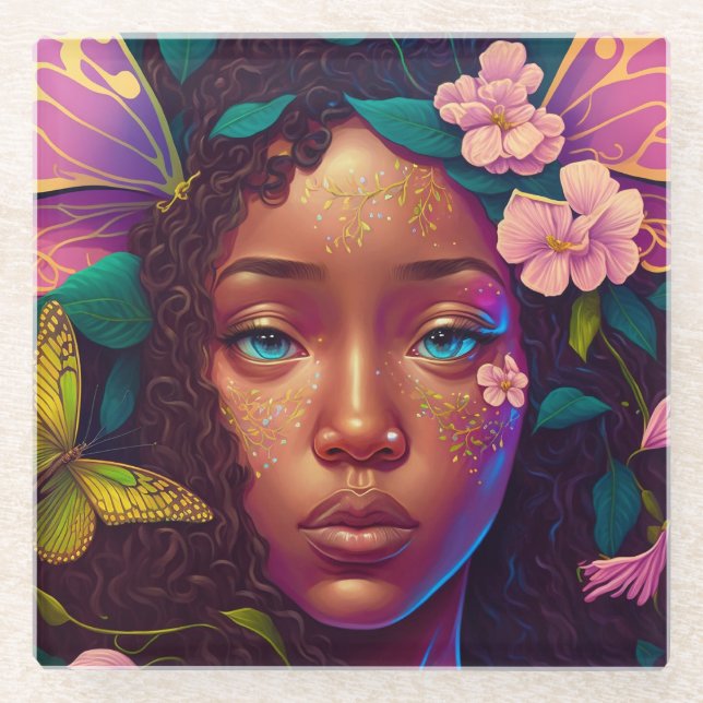 African American Black Fairy Fantasy Art Glass Coaster (Front)