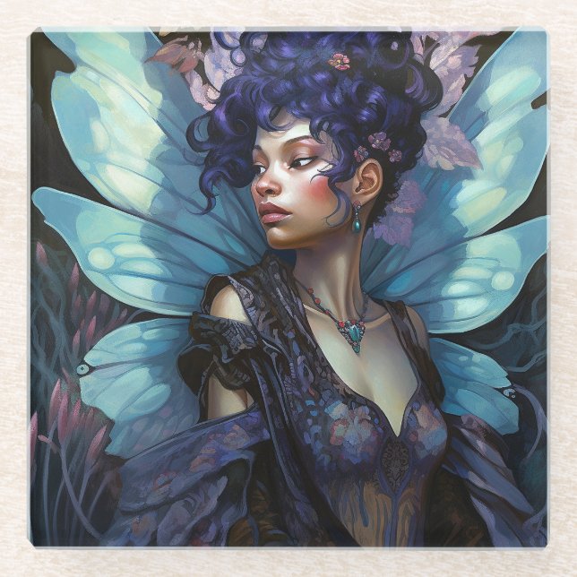 African American Black Fairy Fantasy Art Glass Coaster (Front)