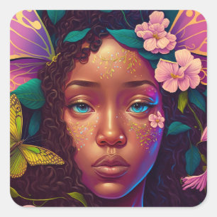 African American Black Fairy Fantasy Art Square Sticker