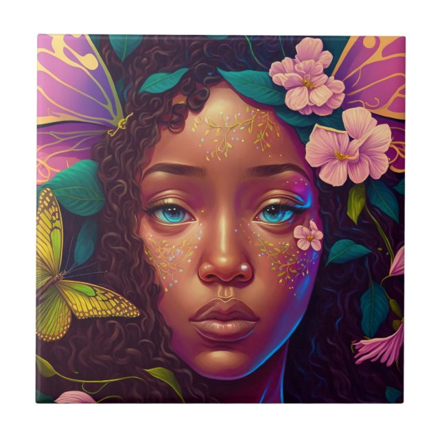 African American Black Fairy Fantasy Art Tile (Front)