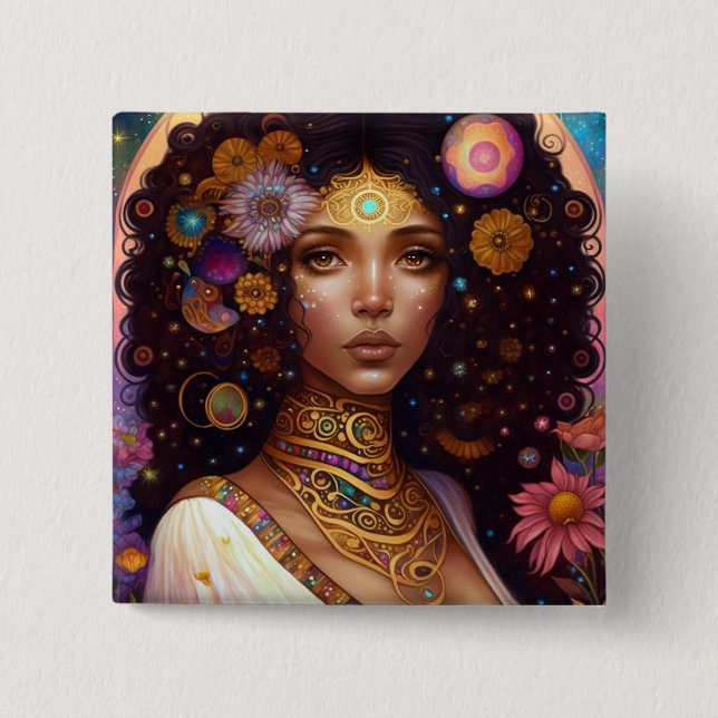 African American Black Goddess Queen Fantasy Art 15 Cm Square Badge (Front)