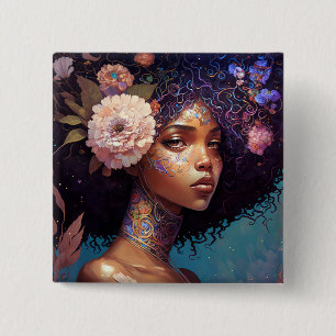 African American Black Goddess Queen Fantasy Art 15 Cm Square Badge