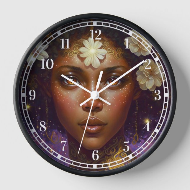 African American Black Goddess Queen Fantasy Art C Clock (Front)