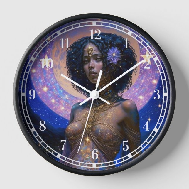 African American Black Goddess Queen Fantasy Art C Clock (Front)