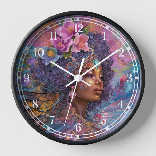African American Black Goddess Queen Fantasy Art C Clock (Front)