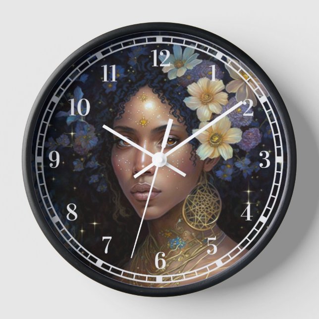 African American Black Goddess Queen Fantasy Art C Clock (Front)