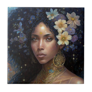 African American Black Goddess Queen Fantasy Art C Tile