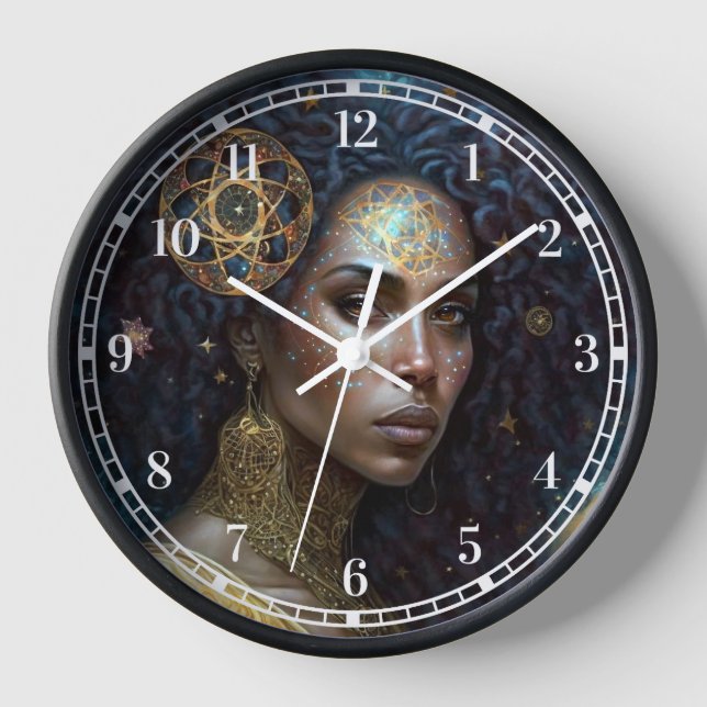 African American Black Goddess Queen Fantasy Art Clock (Front)