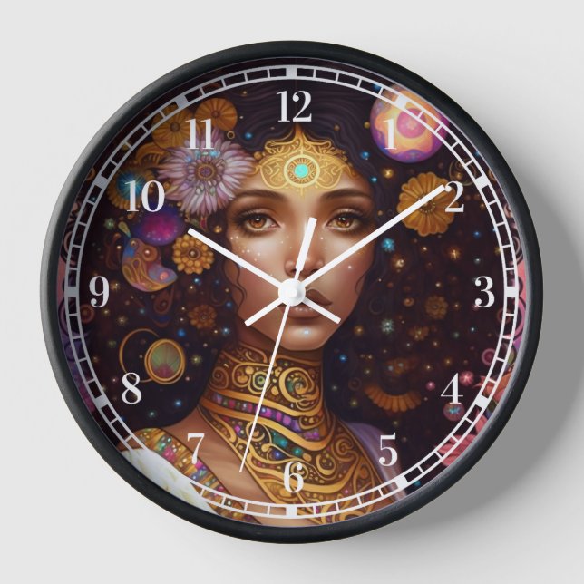 African American Black Goddess Queen Fantasy Art Clock (Front)