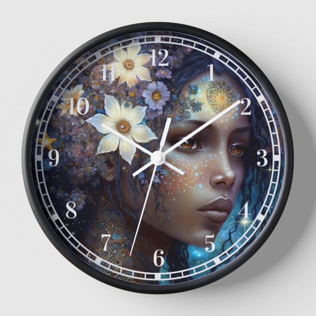 African American Black Goddess Queen Fantasy Art Clock (Front)
