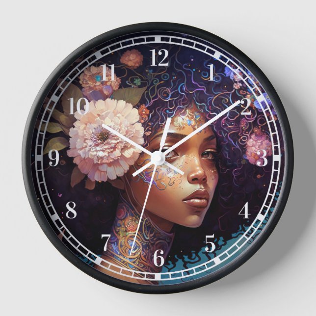 African American Black Goddess Queen Fantasy Art Clock (Front)
