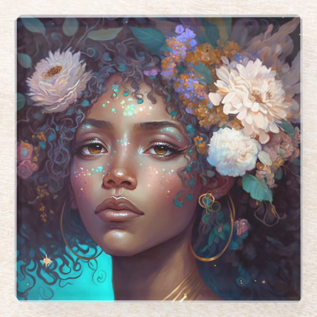 African American Black Goddess Queen Fantasy Art G Glass Coaster (Front)