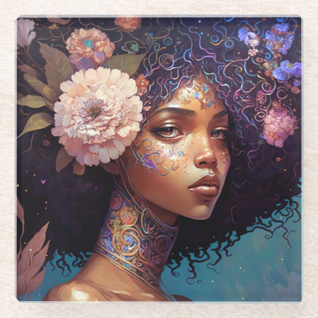 African American Black Goddess Queen Fantasy Art Glass Coaster (Front)