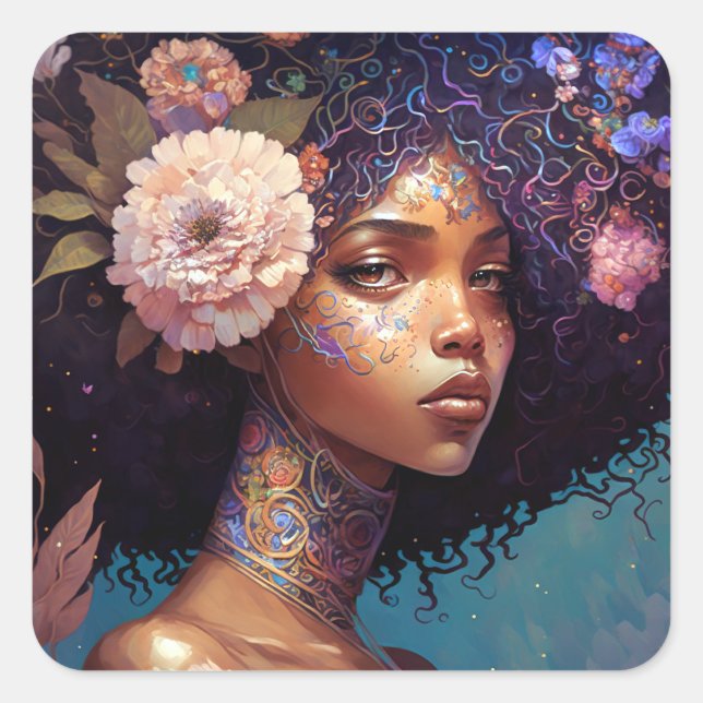 African American Black Goddess Queen Fantasy Art Square Sticker (Front)