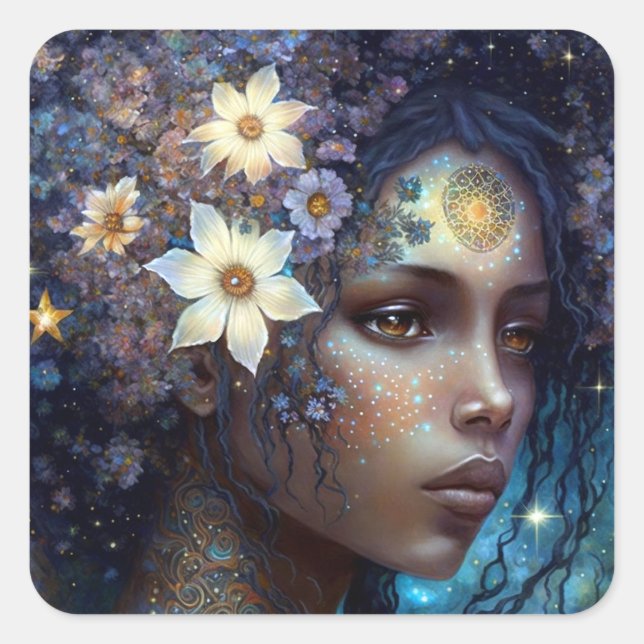 African American Black Goddess Queen Fantasy Art Square Sticker (Front)