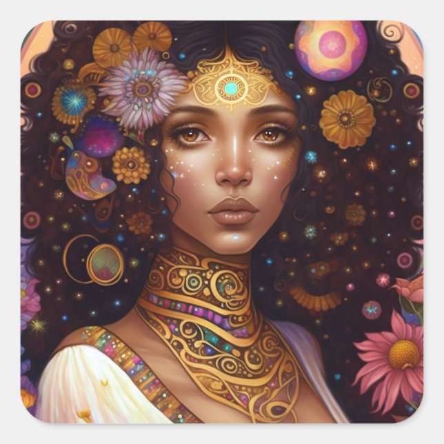 African American Black Goddess Queen Fantasy Art Square Sticker (Front)