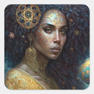 African American Black Goddess Queen Fantasy Art Square Sticker