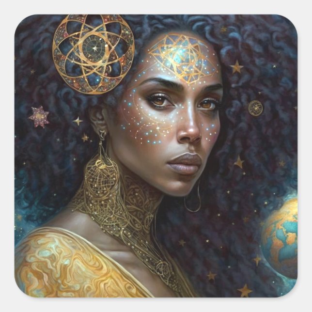 African American Black Goddess Queen Fantasy Art Square Sticker (Front)