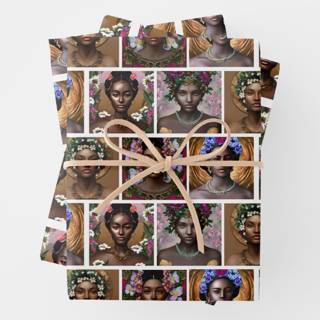African-American Black Goddesses Birthday Wrapping Paper Sheet (In situ)