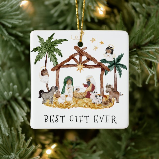 African American Black Nativity Christmas Ceramic Ornament (Tree)